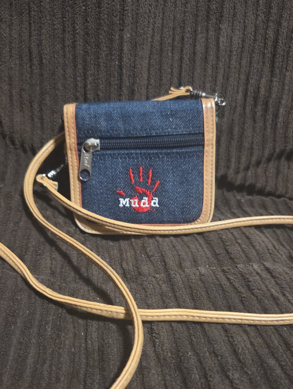 Mudd Denim Crossbody Bag with Tan Trim